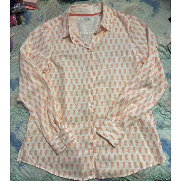 Foxcroft Tops - Foxcroft Women's Wrinkie Free Orange Pineapples Print Button Up Blouse, 10